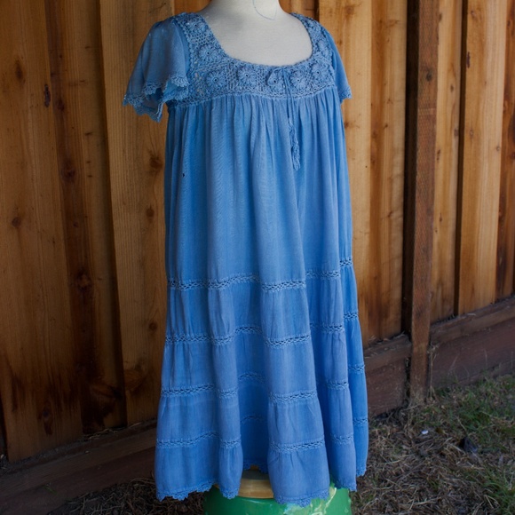 Vintage 70's Boho Handmade 100% Cotton Knit/Crochet Blue Midi Tiered Dress - Picture 9 of 17